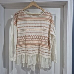 Sundance Top Embroidered Boho Long Sleeve Chiffon Southwestern Aztec